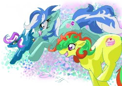 Size: 812x574 | Tagged: safe, artist:jb-pawstep, derpibooru import, lemon treats, mint dreams, sugar apple, pony, 2011, g1, happy, licking, licking lips, running, simple background, tongue out, transparent background