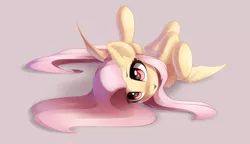 Size: 3300x1900 | Tagged: safe, artist:ifmsoul, derpibooru import, fluttershy, bat pony, pony, adorasexy, bat ponified, chest fluff, cute, ear fluff, fangs, female, flutterbat, looking at you, lying down, mare, on back, open mouth, race swap, sexy, shyabates, shyabetes, simple background, solo, spread wings, wings