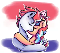 Size: 2796x2475 | Tagged: safe, artist:coco-drillo, derpibooru import, oc, oc:ember, oc:stroopwafeltje, earth pony, pony, unicorn, braid, chest fluff, ear fluff, embrace, hat, holland, hug, kissing, making out, netherlands, oc x oc, shipping