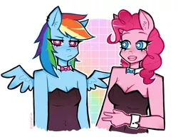 Size: 1000x769 | Tagged: suggestive, artist:puffyrin, derpibooru import, pinkie pie, rainbow dash, anthro, earth pony, pegasus, abstract background, blushing, bowtie, breasts, bunny suit, cleavage, clothes, cuffs (clothes), duo, female, frown, lesbian, pinkiedash, shipping, simple background, spread wings, white background, wings