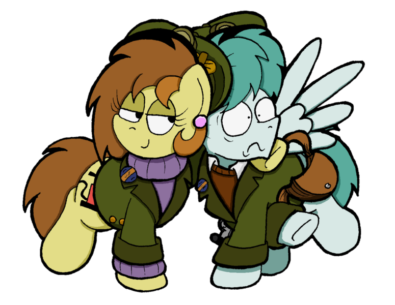 Size: 1024x793 | Tagged: safe, artist:bobthedalek, derpibooru import, oc, oc:bubble pump, oc:clippy ticket, unofficial characters only, earth pony, pegasus, pony, clothes, ear piercing, earring, female, hat, hug, jacket, jewelry, piercing, pulling, simple background, smug, sweater, transparent background, unbalanced