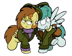 Size: 1024x793 | Tagged: safe, artist:bobthedalek, derpibooru import, oc, oc:bubble pump, oc:clippy ticket, unofficial characters only, earth pony, pegasus, pony, clothes, ear piercing, earring, female, hat, hug, jacket, jewelry, piercing, pulling, simple background, smug, sweater, transparent background, unbalanced