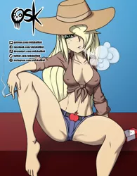 Size: 1055x1352 | Tagged: suggestive, artist:oldskullkid, derpibooru import, applejack, human, equestria girls, barefoot, belly button, breasts, busty applejack, cigarette, cigarette pack, clothes, covered eyes, cowboy hat, daisy dukes, erect nipples, feet, hair over one eye, hat, human coloration, jeans, looking at you, nipple outline, nudity, pants, shorts, smoking, thighs