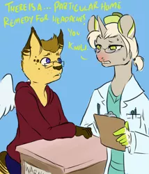 Size: 1200x1400 | Tagged: safe, artist:lavvythejackalope, derpibooru import, oc, oc:dr. malady, oc:kitty, unofficial characters only, anthro, cat, unicorn, clipboard, clothes, doctor, duo, furry, glasses, horn, lab coat, pen, red nosed, speech, talking, unicorn oc