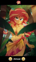 Size: 2000x3432 | Tagged: suggestive, alternate version, artist:light262, derpibooru import, sunset shimmer, equestria girls, arm behind head, armpits, bedroom eyes, belly button, breasts, busty sunset shimmer, clothes, covered nipples, covering, lip bite, looking at you, palm tree, partial nudity, raised eyebrow, ribbon, sarong, see-through, solo, strategically covered, topless, tree