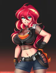 Size: 1145x1500 | Tagged: artist:ciderpunk, belly button, belt, big breasts, breasts, busty sunset shimmer, clothes, cyberpunk, derpibooru import, fishnet clothing, fishnets, gloves, hand on hip, human, human coloration, humanized, jacket, looking at you, midriff, safe, sexy, shorts, smiling, solo, sultry pose, sunset shimmer, teenager, tomboy