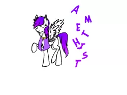 Size: 2828x2121 | Tagged: safe, artist:prismicdiamondart, derpibooru import, oc, oc:amethyst, unofficial characters only, pegasus, pony, eyes closed, female, mare, pegasus oc, raised hoof, simple background, smiling, solo, text, white background, wings