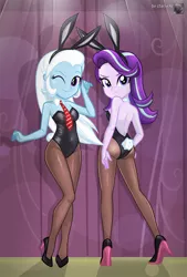 Size: 748x1106 | Tagged: suggestive, artist:charliexe, derpibooru import, starlight glimmer, trixie, equestria girls, ass, bare shoulders, belly button, breasts, bunny ears, bunny suit, bunny tail, butt, clothes, glimmer glutes, high heels, leotard, looking at you, necktie, one eye closed, pantyhose, shoes, sleeveless, socks, stockings, strapless, thigh highs, wink