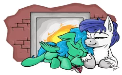 Size: 1904x1184 | Tagged: safe, alternate version, artist:lucas_gaxiola, derpibooru import, oc, unofficial characters only, pegasus, pony, colored, eyes closed, female, fireplace, glasses, male, mare, oc x oc, pegasus oc, prone, shipping, signature, simple background, sleeping, smiling, snuggling, stallion, straight, unshorn fetlocks, white background, wings