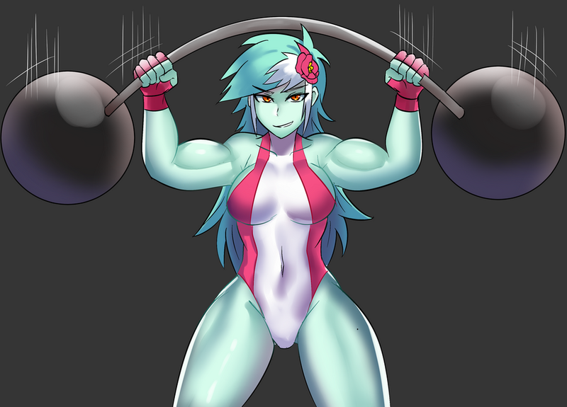 Size: 1024x736 | Tagged: suggestive, artist:tzc, derpibooru import, lyra heartstrings, equestria girls, anime, belly button, breasts, clothes, cosplay, costume, female, female muscle growth, looking at you, lyra hamstrings, muscles, muscular female, she hulk, solo, solo female, weight lifting