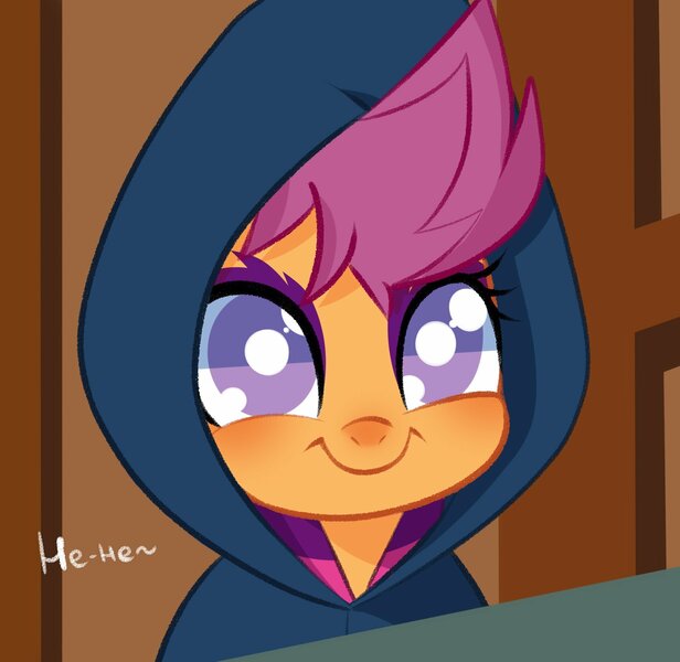 Size: 1737x1692 | Tagged: safe, artist:justalyachan, derpibooru import, scootaloo, pegasus, pony, the show stoppers, bust, cloak, clothes, cute, cutealoo, face paint, female, filly, portrait, scene interpretation, show stopper outfits, smiling, solo