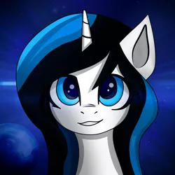 Size: 3000x3000 | Tagged: safe, artist:sanroys, derpibooru import, oc, oc:spacelight, unofficial characters only, pony, unicorn, abstract background, bust, female, grin, horn, looking at you, mare, portrait, smiling, solo