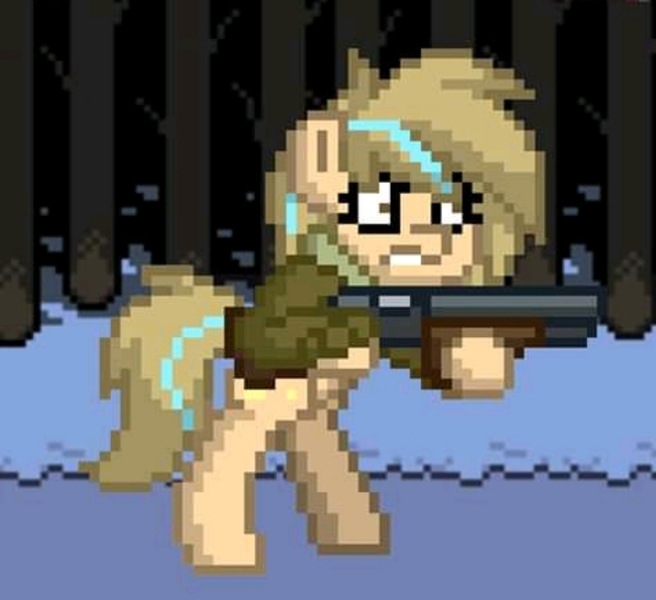 Size: 1280x1171 | Tagged: safe, artist:grithcourage, artist:rezatim, derpibooru import, oc, oc:grith courage, earth pony, pony, pony town, angry, gun, jaket, pixel art, shotgun, stand, undertale, weapon