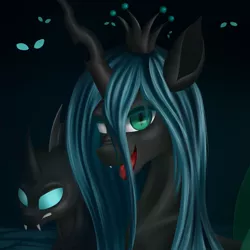 Size: 3800x3800 | Tagged: artist:sanroys, bust, changeling, changeling queen, derpibooru import, duo, fangs, female, horn, mare, open mouth, queen chrysalis, safe