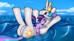 Size: 1192x670 | Tagged: suggestive, artist:onewithspitfire, derpibooru import, princess celestia, twilight sparkle, inflatable pony, unicorn, accident, alternate hairstyle, clothes, deflating, deflation, female, floaty, inflatable, inflatable toy, mare, ocean, oops, pool toy, pop, popping, puncture, riding, swimsuit, this will end in tears, unicorn twilight, valve, water