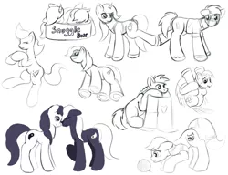 Size: 1300x1000 | Tagged: safe, artist:redquoz, derpibooru import, blossomforth, oc, bird, bird pone, earth pony, pegasus, unicorn, apron, bird tail, black and white, clothes, contortionist, crouching, dancing, doctor, drawpile, earth pony oc, female, flexible, from below, grayscale, hoofbump, hooves, horn, male, mare, medical pony, monochrome, nuzzles, party popper, peeking, simple background, sketch, sketch dump, sleeping, snuggles?, stallion, unicorn oc, white background, yarn, yarn ball, yin yang