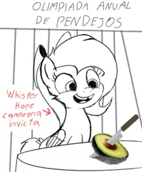 Size: 758x918 | Tagged: artist:rsa.fim, avocado, broken teeth, competition, derpibooru import, female, food, mare, oc, oc:whisper hope, pegasus, ribbon, safe, sketch, spanish, stupidity, table, tail wrap, unofficial characters only