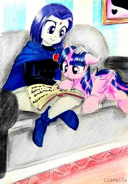 Size: 2322x3340 | Tagged: safe, artist:liaaqila, derpibooru import, twilight sparkle, twilight sparkle (alicorn), alicorn, pony, book, boots, cloak, clothes, commission, couch, cute, female, mare, raven (teen titans), reading, shoes, tara strong, teen titans, twiabetes, voice actor joke