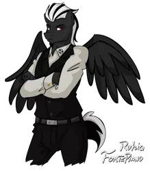 Size: 1503x1717 | Tagged: anthro, artist:wolfjedisamuel, clothes, commission, crossed arms, derpibooru import, digital art, male, oc, oc:ruhig fortepiano, pegasus, simple background, solo, solo male, suggestive, transparent background, unofficial characters only, wings