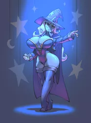 Size: 761x1023 | Tagged: artist:bigdad, big breasts, boots, breasts, busty trixie, cape, clothes, curvy, derpibooru import, female, hat, high-cut clothing, high heel boots, horn, horned humanization, hourglass figure, huge breasts, human, humanized, leotard, magician outfit, pony coloring, shoes, solo, solo female, suggestive, trixie, trixie's cape, trixie's hat, wasp waist