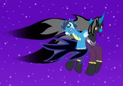 Size: 1200x840 | Tagged: safe, artist:somashield, derpibooru import, soarin', oc, oc:soma, pegasus, pony, unicorn, digital art, flying, goggles, horn, male, night, shadowbolts, shadowbolts (nightmare moon's minions), stallion, stars, wings, wonderbolts