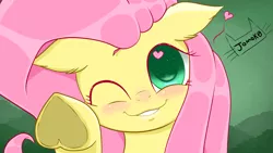 Size: 3840x2160 | Tagged: artist:jomok0, best pony, blushing, colored pupils, cute, derpibooru import, fluttershy, heart, heart eyes, heart hoof, looking at you, pegasus, safe, shiny hair, shyabetes, simple background, simple shading, smiling at you, solo, sparkly eyes, wallpaper, wingding eyes