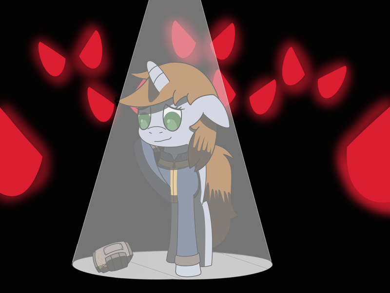 Size: 1600x1200 | Tagged: safe, artist:toshimatsu, derpibooru import, oc, oc:littlepip, unofficial characters only, pony, unicorn, fallout equestria, fanfic, clothes, eyes in the dark, fanfic art, female, floppy ears, hooves, horn, mare, pipbuck, solo, stable, stable 2, vault suit, velvet's pipbuck