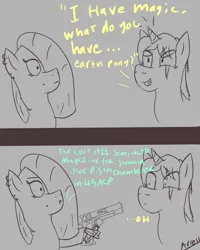 Size: 1093x1369 | Tagged: safe, artist:arrell, derpibooru import, oc, oc:arrell, oc:stalwart crusader, unofficial characters only, earth pony, pony, unicorn, comic, dialogue, doodle, duo, gun, sketch, text, weapon