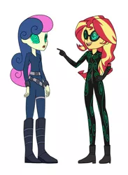 Size: 2929x4000 | Tagged: safe, artist:tf-circus, derpibooru import, bon bon, sunset shimmer, sweetie drops, oc, oc:mez-mare-a, equestria girls, catsuit, goggles, hypnogoggles, hypnosis, hypnotized, power ponies oc, secret agent sweetie drops, spiral, spy, supervillain, swirly eyes, thief, trance, villainess