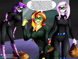 Size: 900x675 | Tagged: safe, artist:attentte, derpibooru import, fleur-de-lis, rarity, sunset shimmer, oc, oc:black diamond, oc:mez-mare-a, oc:voleur noir, equestria girls, catsuit, diamond, finger snap, fourth wall break, goggles, hand on hip, hypnogoggles, hypnosis, hypnotized, jewels, looking at you, money bag, power ponies, power ponies oc, smiling, spiral, supervillain, swirly eyes, talking to viewer, thief, villainess