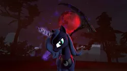 Size: 1280x720 | Tagged: safe, artist:thelagplayer, derpibooru import, princess luna, alicorn, pony, blood moon, dark background, glowing eyes, glowing horn, horn, moon, scythe, this will end in death, this will end in tears, this will end in tears and/or death, weapon