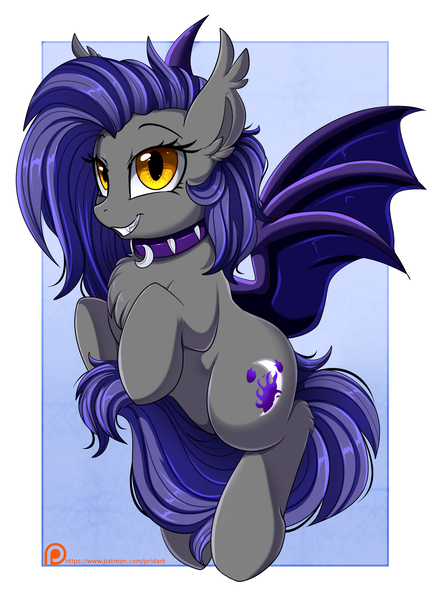 Size: 2143x2975 | Tagged: safe, artist:pridark, derpibooru import, oc, oc:night fire, unofficial characters only, bat pony, pony, bat pony oc, bat wings, chest fluff, choker, cutie mark, ear tufts, fangs, female, high res, mare, patreon, patreon logo, patreon reward, slit eyes, slit pupils, smiling, solo, wings