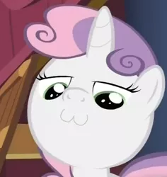 Size: 393x417 | Tagged: safe, derpibooru import, edit, edited screencap, editor:undeadponysoldier, screencap, sweetie belle, pony, unicorn, just for sidekicks, :3, >:3, a hat in time, cat smile, cropped, cute, diasweetes, female, filly, smug, solo