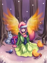 Size: 1275x1725 | Tagged: safe, artist:ninjaham, derpibooru import, fluttershy, bird, human, rabbit, animal, christmas, clothes, hat, holiday, humanized, juice, juice box, long skirt, looking at you, present, santa hat, sitting, skirt, snow, snowfall, tree, winged humanization, wings