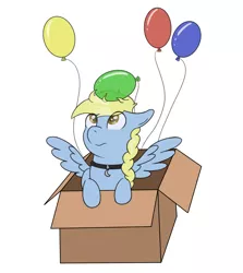 Size: 2061x2313 | Tagged: safe, artist:eyeburn, derpibooru import, oc, oc:windswept skies, unofficial characters only, pegasus, pony, balloon, box, charm, collar, floppy ears, male, pony in a box, simple background, solo, spread wings, stallion, static electricity, white background, wings