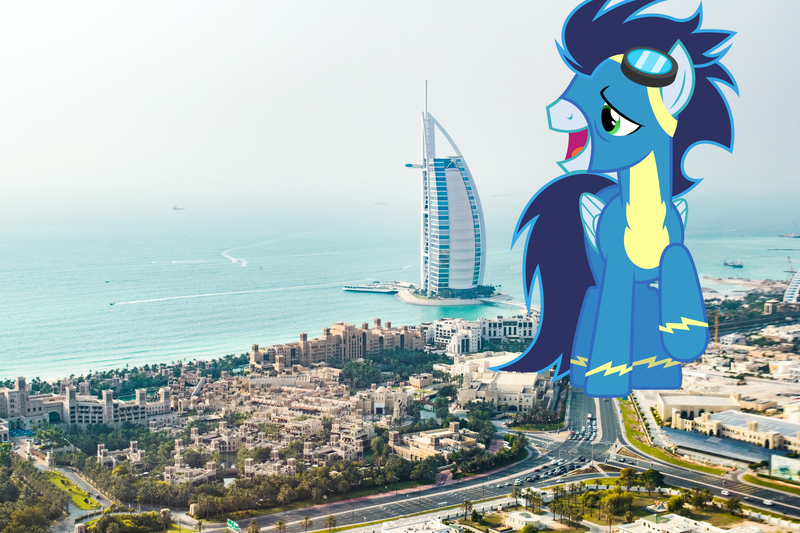 Size: 2400x1600 | Tagged: safe, artist:dashiesparkle, artist:jerryakiraclassics19, derpibooru import, soarin', pegasus, pony, boat, building, burj al arab, clothes, dubai, giant pony, goggles, highrise ponies, irl, macro, male, metropolis, open mouth, photo, ponies in real life, raised hoof, road, skyscraper, stallion, tower, town, uniform, vehicle, wonderbolts uniform