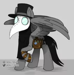 Size: 1023x1026 | Tagged: artist:sickly-sour, bag, derpibooru import, hat, oc, oc:doc, pegasus, plague doctor mask, potion, safe, solo, straps, top hat