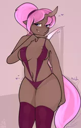 Size: 1904x3000 | Tagged: suggestive, artist:detpoot, derpibooru import, oc, oc:violet nebula, unofficial characters only, anthro, changeling, breasts, brown changeling, changeling oc, clothes, double colored changeling, erect nipples, female, lingerie, nipple outline, panties, pink changeling, socks, underwear