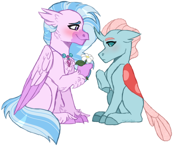 Size: 1931x1626 | Tagged: artist:artistcoolpony, changedling, changeling, classical hippogriff, cute, derpibooru import, diaocelles, diastreamies, female, flower, hippogriff, jewelry, lesbian, necklace, ocellus, ocellustream, safe, shipping, silverstream, simple background, transparent background