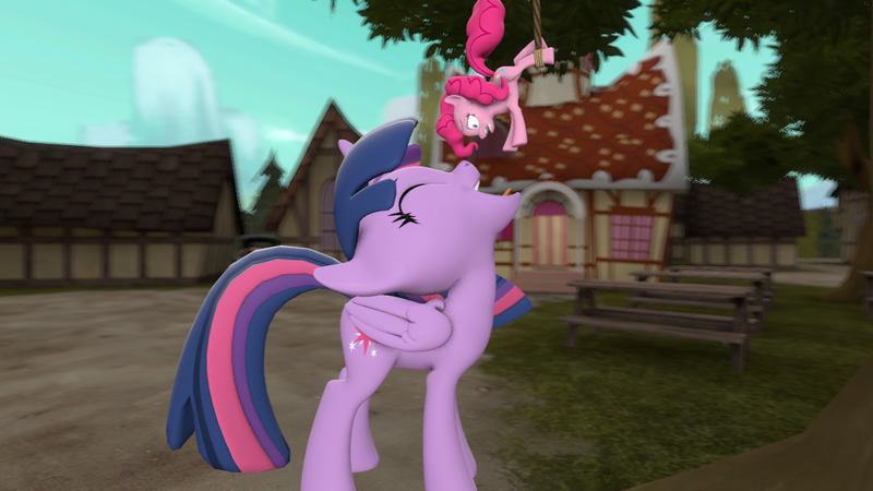 Size: 1280x720 | Tagged: suggestive, artist:mrm, derpibooru import, pinkie pie, twilight sparkle, twilight sparkle (alicorn), alicorn, earth pony, pony, 3d, female, giant pony, imminent vore, macro, mare, micro, rope, sfm pony, source filmmaker, twipred