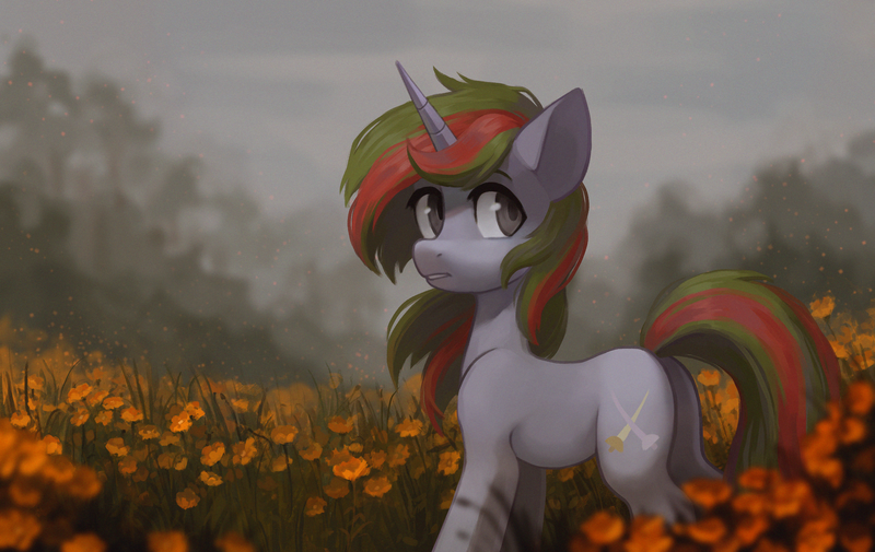 Size: 2300x1452 | Tagged: safe, artist:koviry, derpibooru import, oc, oc:wander bliss, unofficial characters only, pony, unicorn, cloud, cloudy, commission, field, flower, looking back, looking up, overcast, solo, ych result