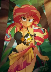 Size: 2000x2829 | Tagged: suggestive, artist:light262, derpibooru import, sunset shimmer, equestria girls, arm behind head, armpits, bedroom eyes, belly button, bikini, black swimsuit, breasts, busty sunset shimmer, cleavage, clothes, cutie mark swimsuit, female, jeweled swimsuit, lidded eyes, lip bite, looking at you, palm tree, pose, raised eyebrow, ribbon, sarong, see-through, signature, solo, solo female, stupid sexy sunset shimmer, summer sunset, swimsuit, tree
