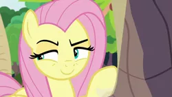 Size: 1920x1080 | Tagged: safe, derpibooru import, screencap, angel bunny, fluttershy, pegasus, pony, she talks to angel, body swap, cunning, devious smile, female, male, mare, narrowed eyes, not fluttershy, raised eyebrow, raised hoof, sideways glance, smiling, solo, thinking