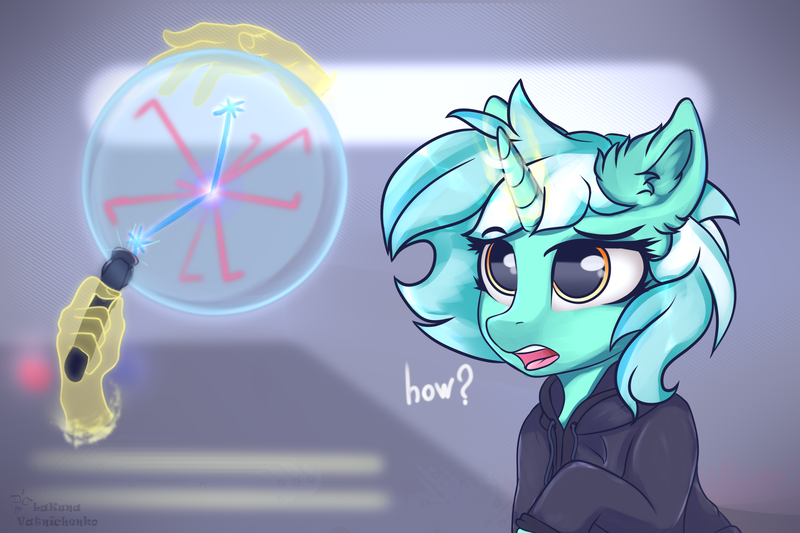 Size: 3000x2000 | Tagged: safe, artist:lakunae, derpibooru import, lyra heartstrings, pony, unicorn, arms, arms in the air, clothes, crossover, female, half-life: alyx, hand, hoodie, magic, magic hands, mare, puzzle, question, simple background