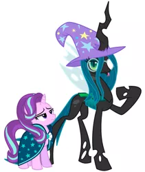 Size: 991x1176 | Tagged: safe, artist:rosemile mulberry, derpibooru import, queen chrysalis, starlight glimmer, changeling, changeling queen, pony, unicorn, :p, accessory swap, cape, clothes, female, hat, raised hoof, robe, simple background, starlight wearing sunburst's robe, sunburst's robe, tongue out, trixie's hat, unamused, white background