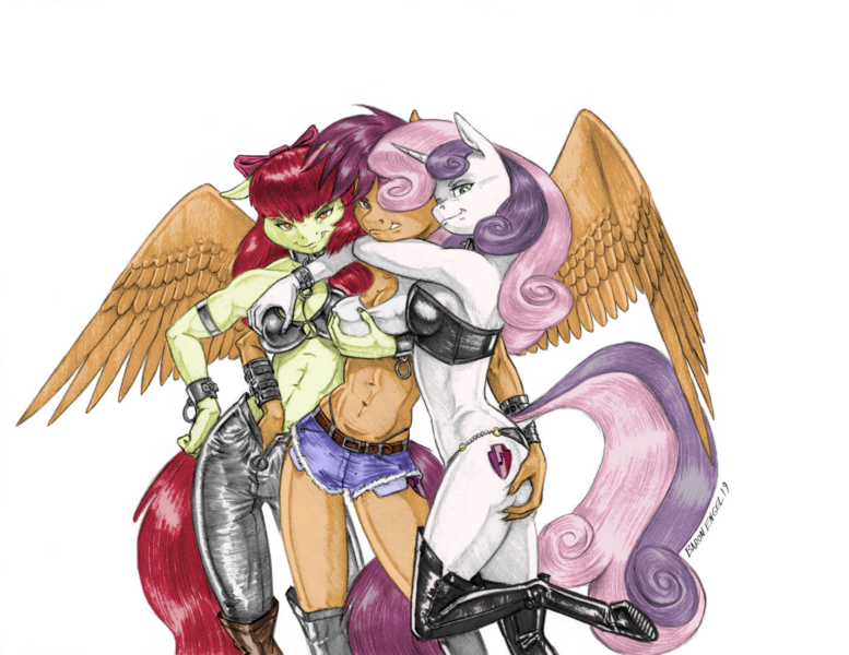 Size: 1400x1081 | Tagged: questionable, artist:baron engel, color edit, derpibooru import, edit, apple bloom, scootaloo, sweetie belle, anthro, earth pony, pegasus, unguligrade anthro, unicorn, abs, apple brawn, beneath clothes, boots, breast grab, breasts, butt grab, butt touch, clothes, cmc threesome, collar, colored, cuffs, cutie mark crusaders, erect nipples, female, grope, hand in underwear, hand on butt, lesbian, looking at you, mare, midriff, muscles, nipple outline, older, older apple bloom, older scootaloo, older sweetie belle, open fly, panties, pencil drawing, polyamory, scootabelle, scootabloom, shipping, shoes, simple background, smiling, softcore, sweetiebloom, sweetiebloomaloo, thigh boots, thong, traditional art, transparent background, underwear