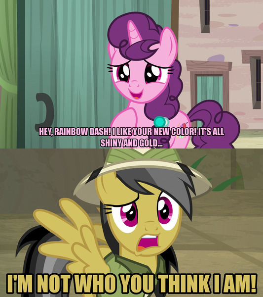 Size: 1280x1440 | Tagged: safe, derpibooru import, edit, edited screencap, editor:jaredking203, screencap, daring do, sugar belle, pegasus, pony, unicorn, daring doubt, hard to say anything, caption, female, image macro, implied rainbow dash, mare, meme, mistaken identity, text