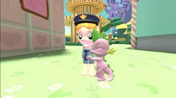 Size: 1024x575 | Tagged: safe, artist:undeadponysoldier, derpibooru import, copper top, spike, dragon, 3d, copperbetes, copperspike, crack shipping, cute, daaaaaaaaaaaw, female, gmod, hug, male, mare, police officer, police uniform, ponyville, ponyville town hall, shipping, spikabetes, spikelove, straight