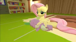 Size: 1024x575 | Tagged: safe, artist:undeadponysoldier, derpibooru import, fluttershy, spike, dragon, pony, 3d, female, fluttershy's cottage, flutterspike, gmod, hug, lying down, male, mare, shipping, spikelove, straight, wing blanket, winghug