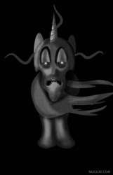 Size: 329x512 | Tagged: safe, artist:samueldavillo, derpibooru import, ponified, pony, animated, black background, courage the cowardly dog, grayscale, king ramses, monochrome, simple background, solo, we're all gonna die